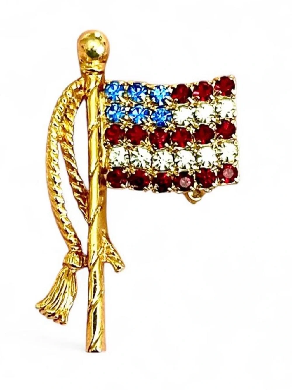 Vintage 1970s American Flag Rhinestone Brooch Pin Gold Red White Blue Patriotic